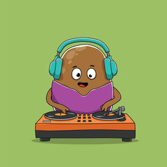 Cartoon Potato DJ with Headphones Mixing Music on Turntables