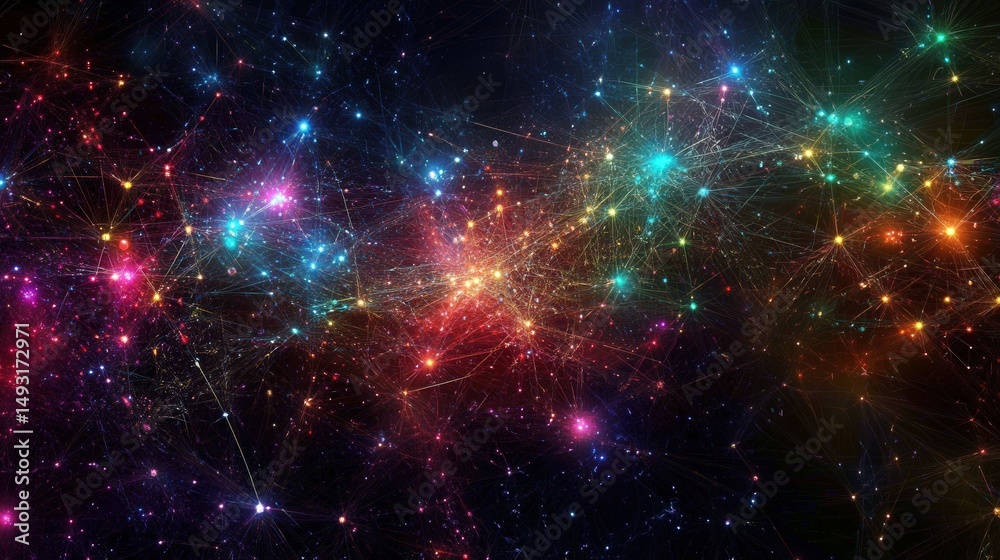 Poster technology network background showing illuminated connections between data points, creating a vibrant and dynamic visual of how digital systems are interconnected in real-time