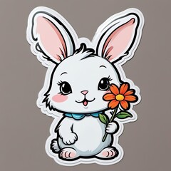 Cute cartoon rabbit holding a flower with happy expression in a playful and colorful design suitable for children&rsquo;s decor