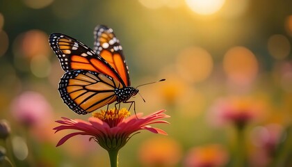Fototapeta premium Monarch butterfly on pink flower sunset