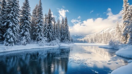 Serene Reflections: Winter's Grip on a Mountain River Landscape