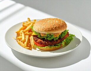 A tasty burger with lettuce, tomato, and fries served on a white plate in bright sunlight.