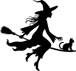 Witch Flying with Cat Silhouette