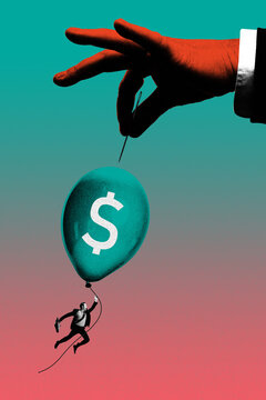 Businessman flying with dollar balloon as giant hand with pin prepares to pop it. Contemporary art collage. Concept of world crisis, economic risk, business, economy. Photocopy effect.