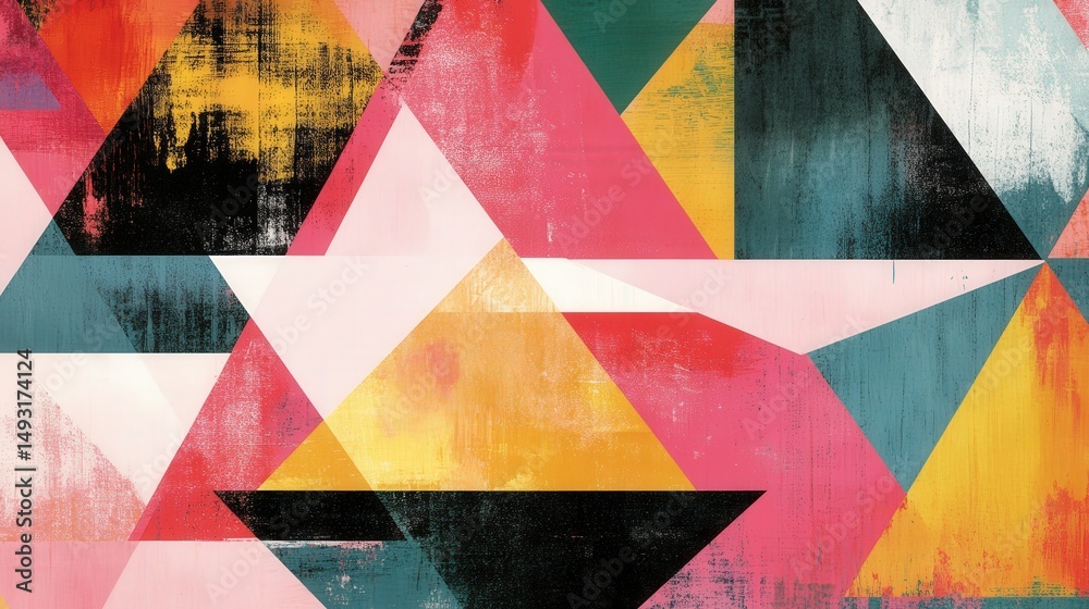 Poster colorful triangle background with overlapping shapes in various sizes and angles, creating a bold an