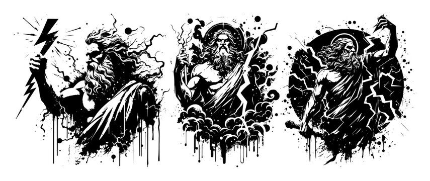 greek gods vector illustrations in black and white ink splash style