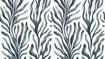 Watercolor Kelp Forest with Flowing Seaweed on White Background.