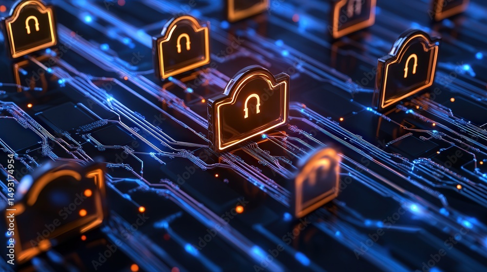 Poster cyber security as an abstract web of secure data connections, encrypted lines, and digital shields p