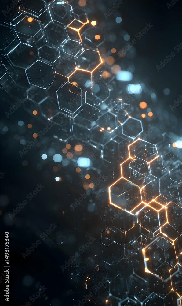 Poster geometric network of interconnected hexagons creating an abstract technological cityscape visual fut