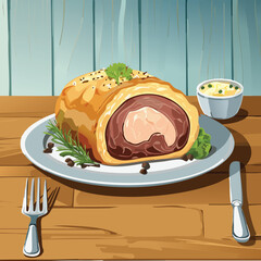 Perfectly cooked Beef Wellington sliced open, showing juicy medium-rare beef wrapped in golden puff pastry with mushroom duxelles, served on elegant plating with warm, natural lighting.