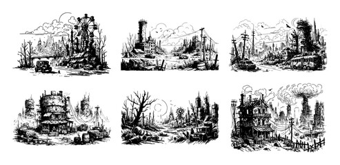ruined industrial landscapes in detailed post apocalyptic vector style