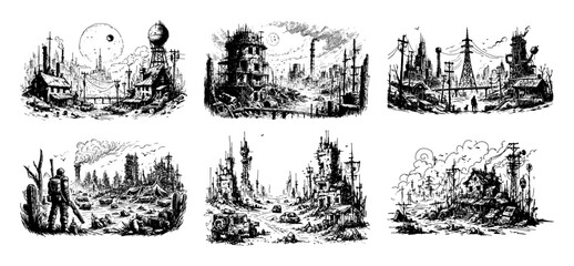 Fototapeta premium dystopian city landscapes with ruined buildings and smoke in black and white