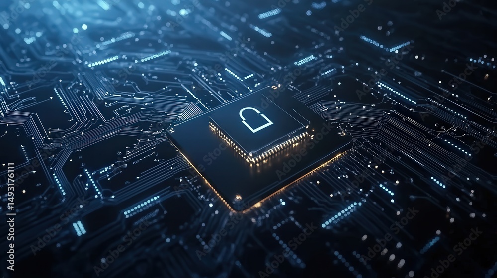Poster cyber security with secure digital grids, encryption elements, and protected data channels keeping s