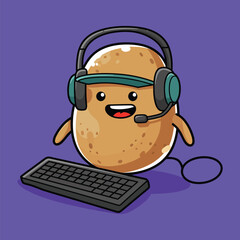 Cute Potato Gamer with Headset and Keyboard on Purple Background