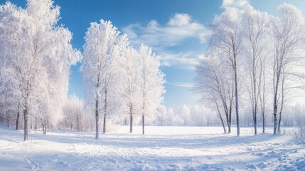 A pristine winter wonderland with snow-covered trees against a serene sky