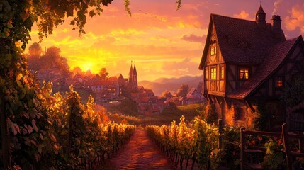 Charming village at sunset, vineyard path