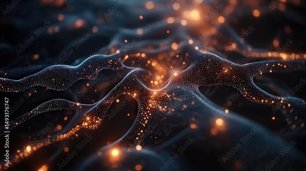 Poster points connected by luminous lines, depicting the flow of information and neural network structures 