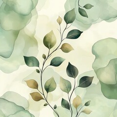 Elegant watercolor painting features delicate green leaves on twisting branches, evoking a sense of calm nature and organic beauty with soft blended hues and shades.