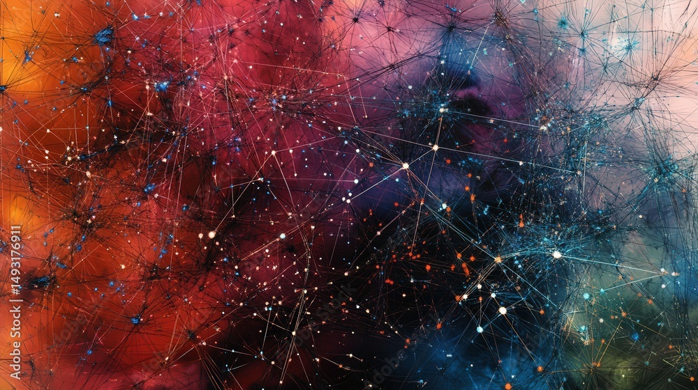 Poster digital art depicting interconnected points and lines, with each line representing the flow of artificial intelligence through complex networks of data