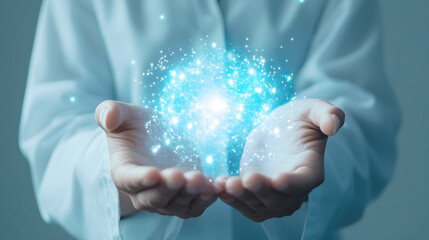 Hands Holding Magical Light Energy with Sparkles and Glow Effect