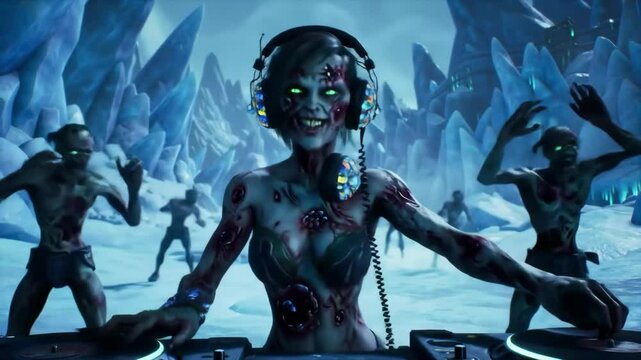 A female zombie DJ with glowing eyes spins tracks on turntables in an icy cave as other zombies dance. For Halloween visuals, game scenes, or a macabre party vibe. Life's rhythm endures. 4k 60 fps.