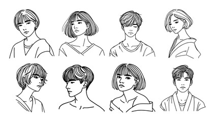 line art portraits of young people with modern hairstyles in minimal style