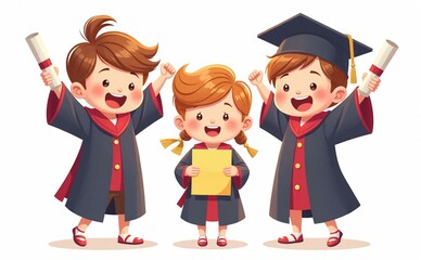 Happy Cartoon Kids Graduation with Diplomas
