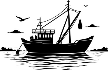 Fishing Boat at Sea Silhouette