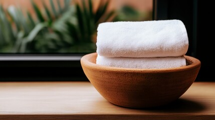 Close-Up of a Wooden Basin with Soft Towels Set Against a Botanical Background in Natural Light