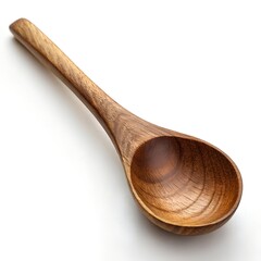 A hyper-realistic wooden spoon, full view and perfectly centered on a pure white background. No shadows, no reflections, and no additional objects. The spoon should have smooth polished wood texture, 