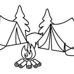 Camping scene illustration, black and white, for outdoor adventure brochures