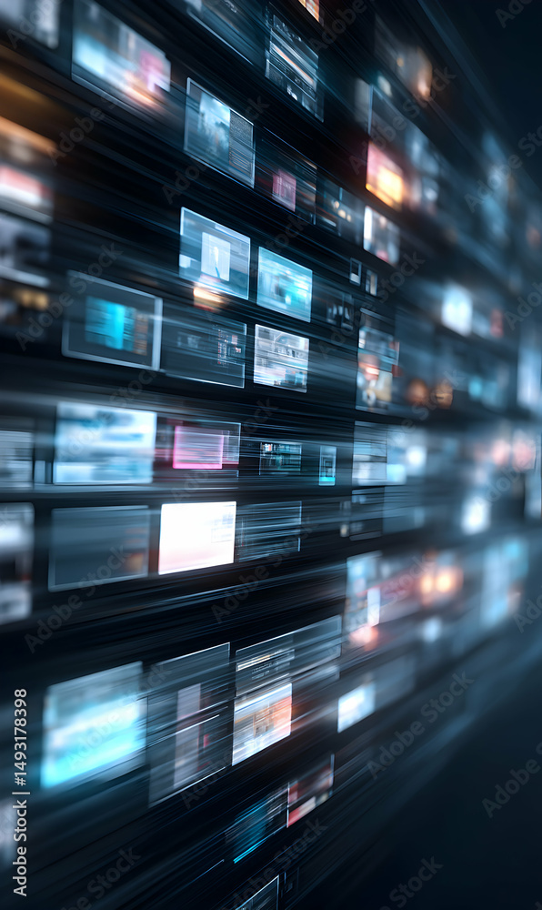 Poster abstract data stream visualization with luminous panels creating a technological and modern aestheti
