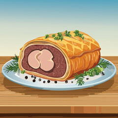 Perfectly cooked Beef Wellington sliced open, showing juicy medium-rare beef wrapped in golden puff pastry with mushroom duxelles, served on elegant plating with warm, natural lighting.