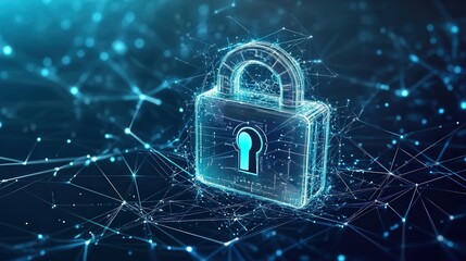 encrypted data flows forming a secure network, with a glowing digital lock at the center, representing advanced cyber security solutions