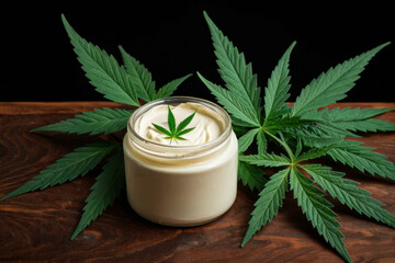 A jar of creamy substance with a marijuana leaf on top, ideal for food or decorative purposes