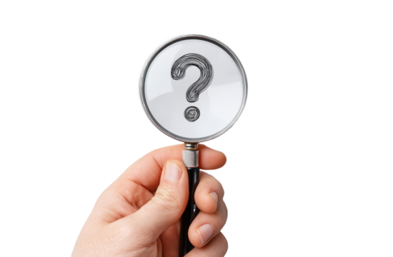  Hand holding a magnifying glass with a question mark on a white background, in a flat lay composition.