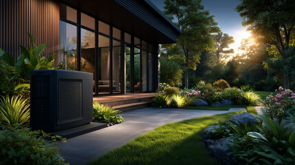 A heat pump in front of a modern house
