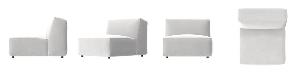 white armless lounge chair with block base multiple view isolated.