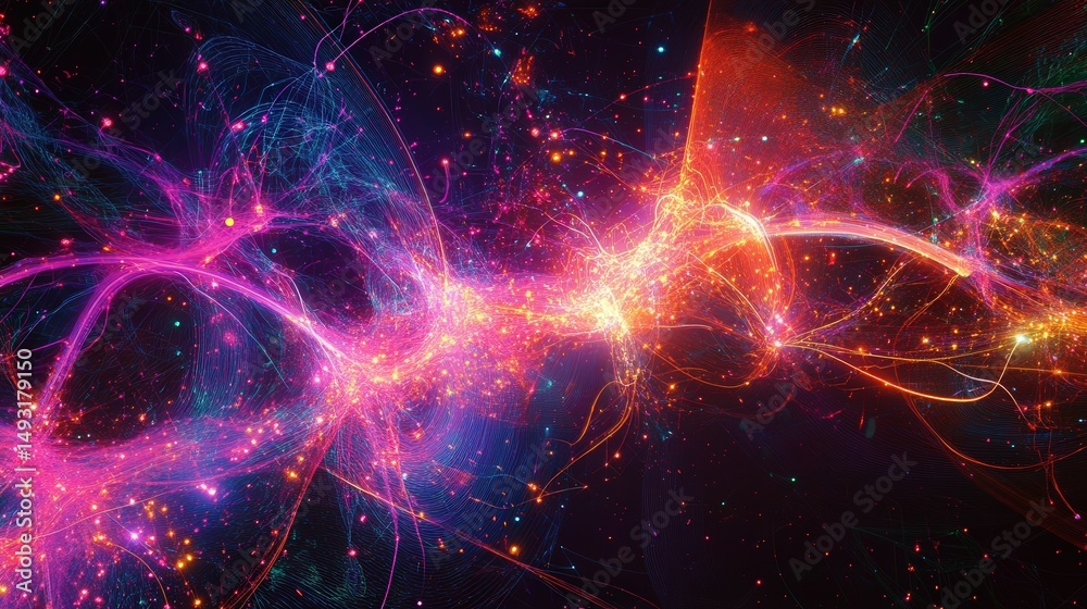 Poster ai technology through connected lines and points, with energy flowing between them in dynamic patter