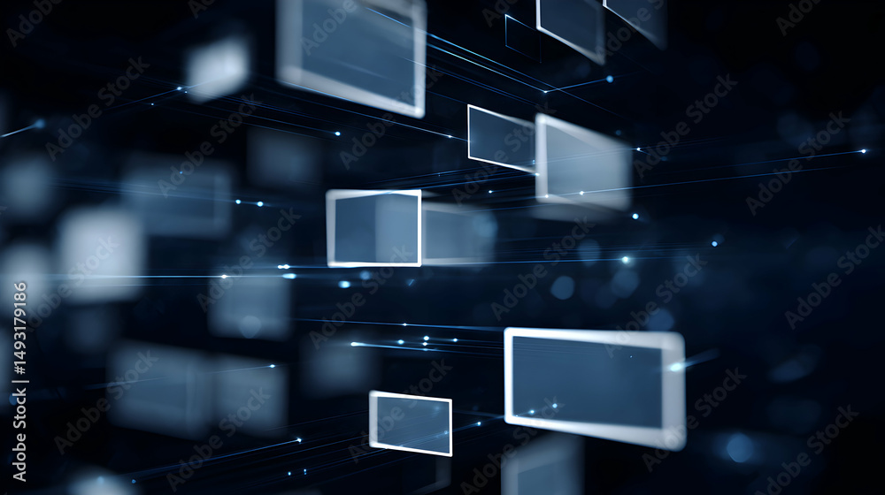 Poster abstract digital technology background showcasing interconnected data communication networks and flo