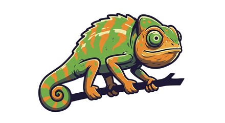 Fototapeta premium Cartoon Chameleon Clinging to Branch Illustration