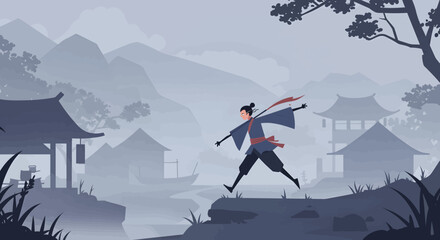 Pixel Art Animated Warrior Running Through Misty Village Landscape