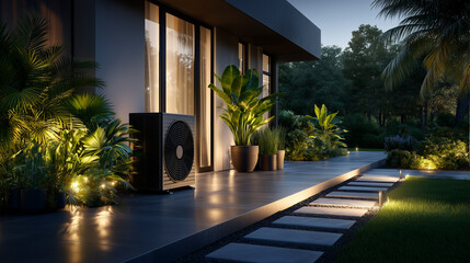A heat pump in front of a modern house
