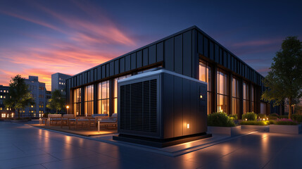 A heat pump in front of a modern house
