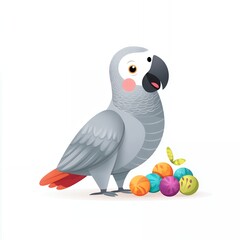 Obraz premium Cute Cartoon African Grey Parrot with Colorful Balls