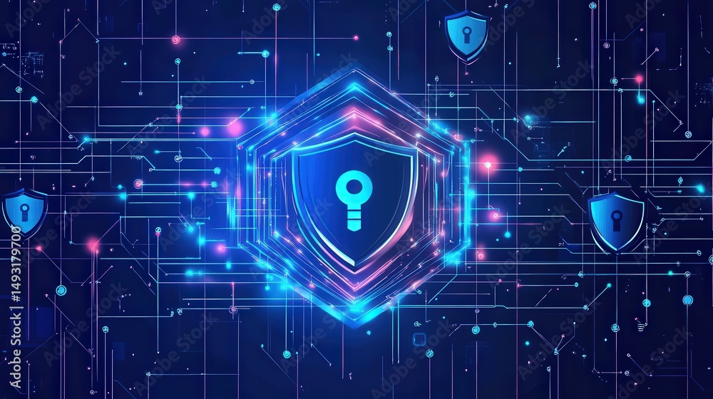 Poster data flows within a digital grid, with encryption symbols and cyber shields protecting sensitive inf