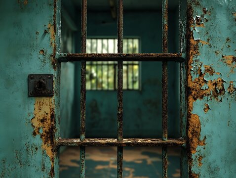 Rusty jail cell, barred door - Powered by Adobe