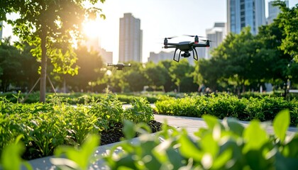 Drone flying over a city park at sunset.  Green plants, cityscape background.