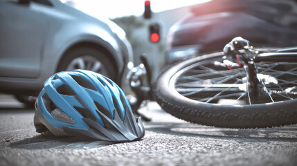 Aftermath of a bicycle accident involving a modern SUV on a quiet suburban street in the late afternoon