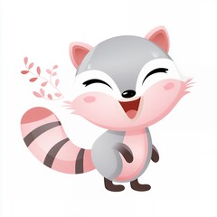 Cute Cartoon Raccoon Illustration Happy Smiling Animal Pink Grey Whimsical Design